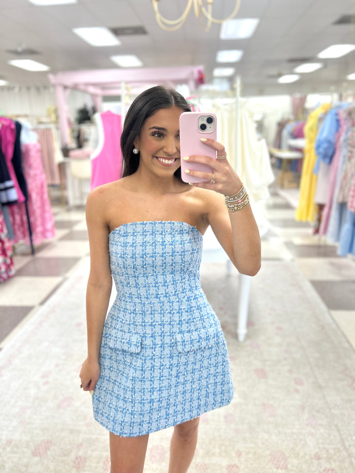Rio Blue Tweed Strapless Mini Dress