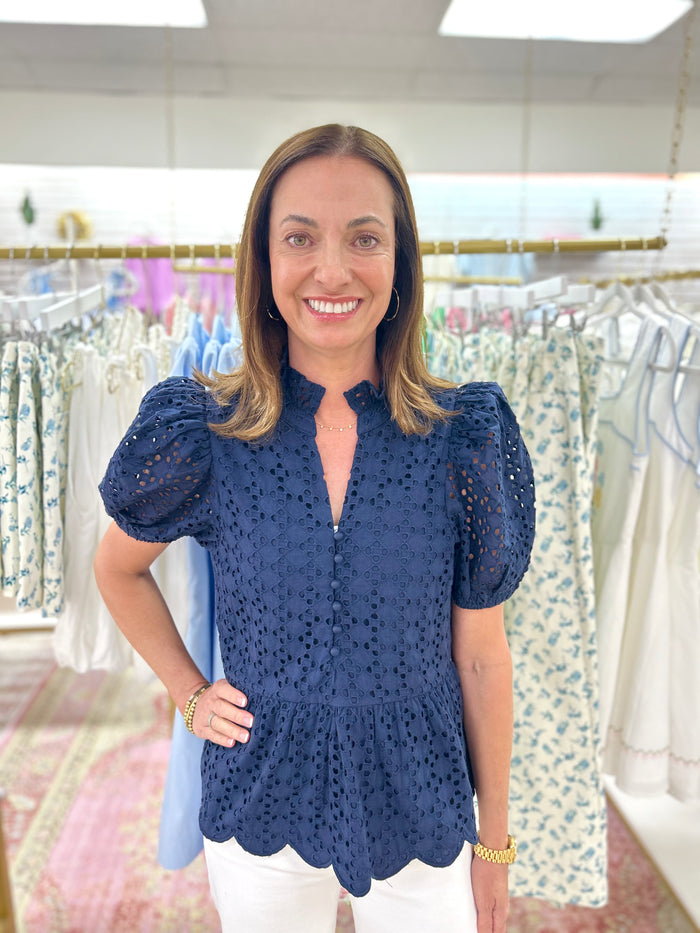 Navy Eyelet Peplum Top