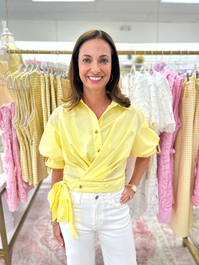 Yellow Wrap Crop Tie at Waist Top