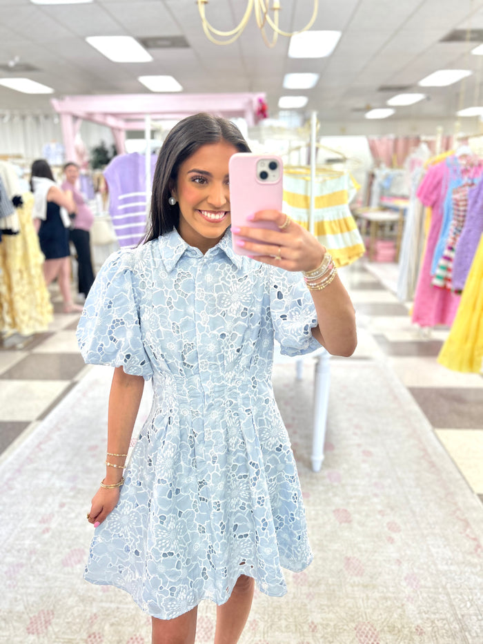 By The Bay Eyelet Mini Dress (Blue)