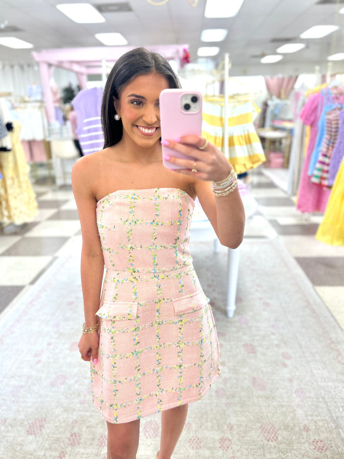 The Madison Strapless Tweed Mini Dress (Pink)