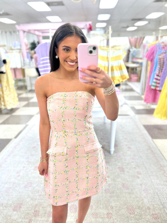 The Madison Strapless Tweed Mini Dress (Pink)