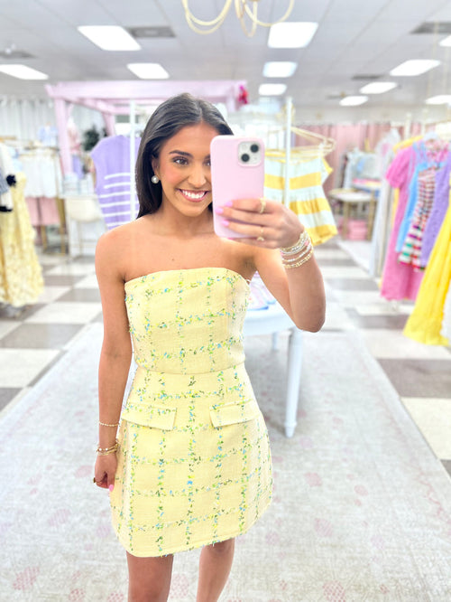 The Madison Strapless Tweed Mini Dress (Yellow)