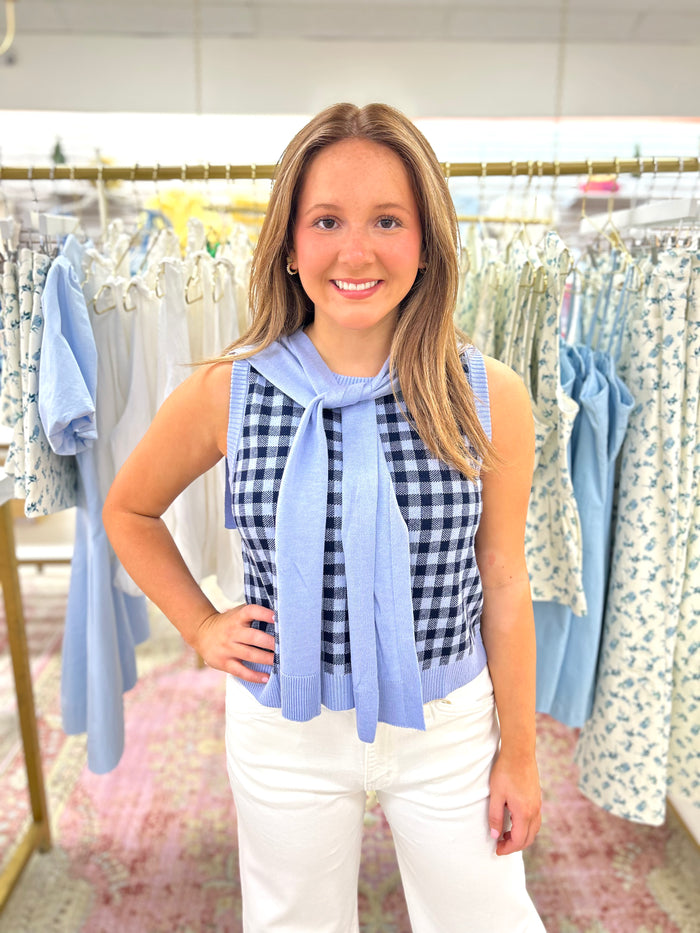 Lt Blue and Navy Gingham Sweater