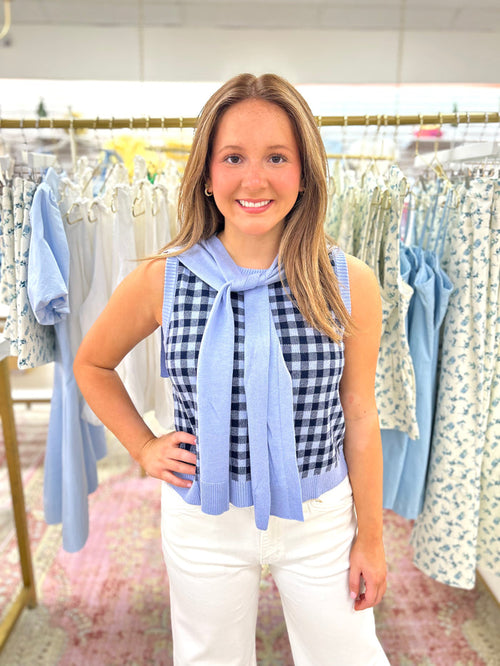 Lt Blue and Navy Gingham Sweater