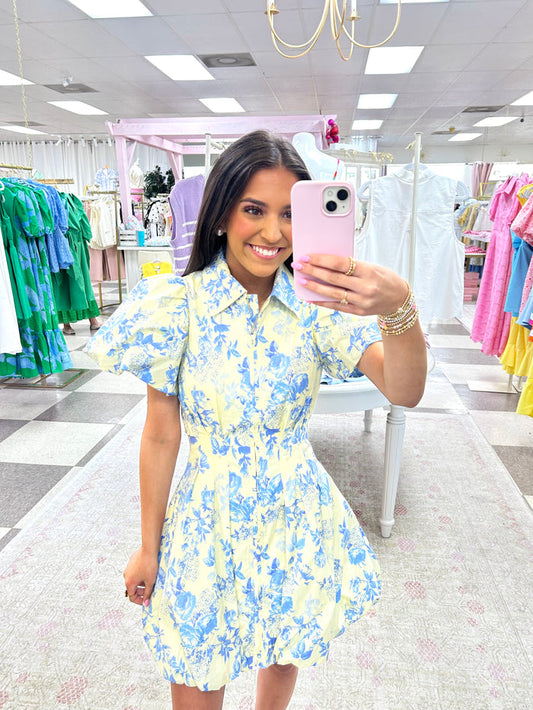 Blue Floral Zip Up Bubble Dress