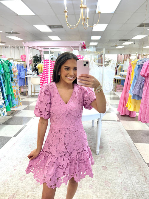 Lilac Eyelet Lace Puff Sleeve mini Dress