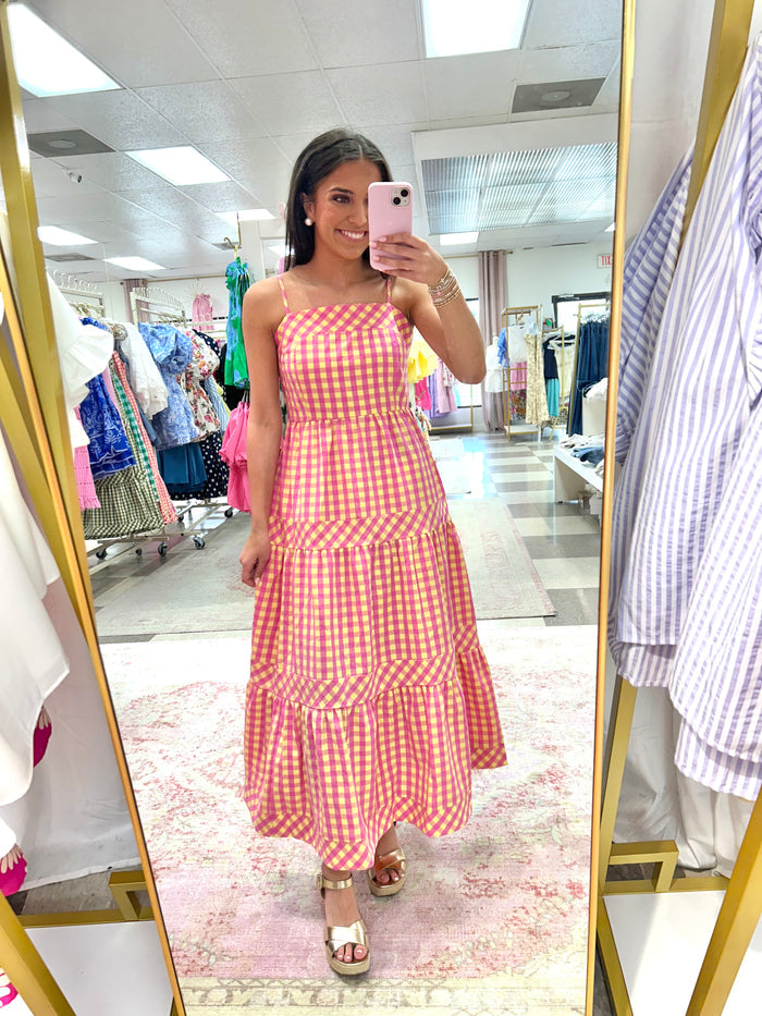 Pink & Yellow Gingham Midi Dress
