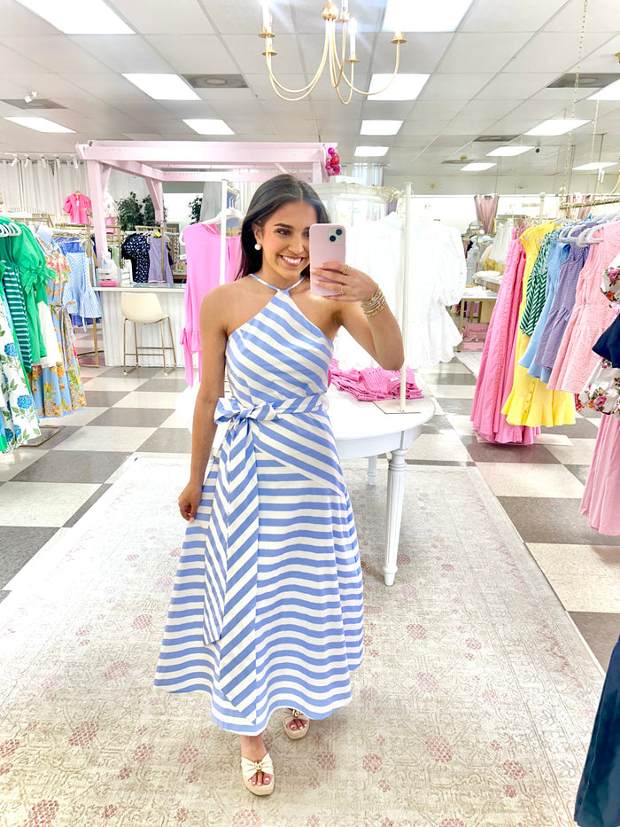 Bayside Halter Stripe Midi Dress (Blue/White)