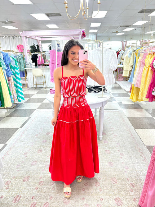 Saturday Social Top/Maxi Skirt Set (Red/White)