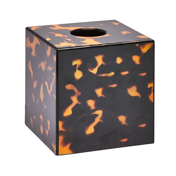 Square tortoiseshell tissue box with a high-gloss lacquered finish and a sleek, modern wooden design.
