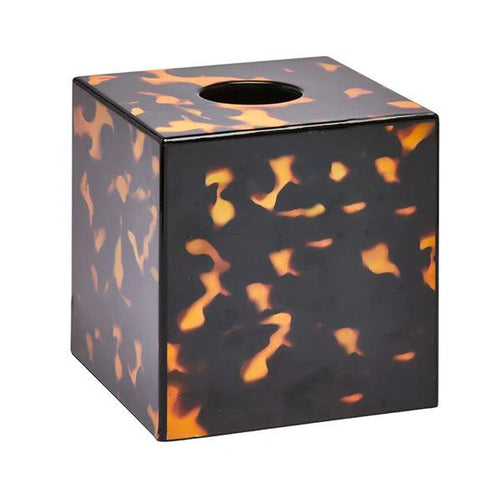 Square tortoiseshell tissue box with a high-gloss lacquered finish and a sleek, modern wooden design.