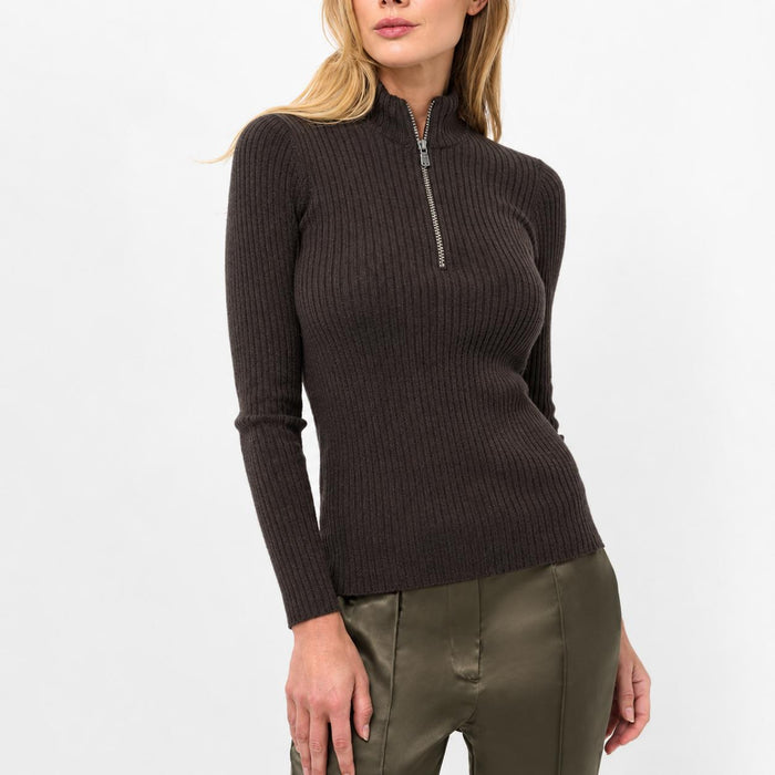 Dark brown ribbed knit sweater with a slim fit, long sleeves, and a silver quarter-zip turtleneck collar.