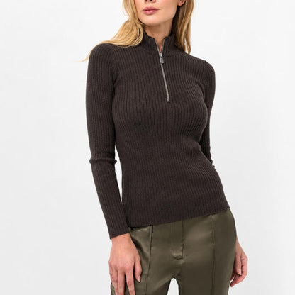 Dark brown ribbed knit sweater with a slim fit, long sleeves, and a silver quarter-zip turtleneck collar.