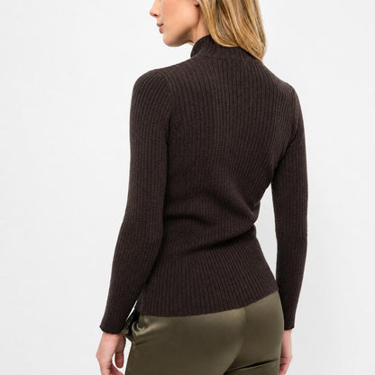Back view of a slim-fit, dark brown ribbed knit turtleneck sweater with long sleeves on a model.