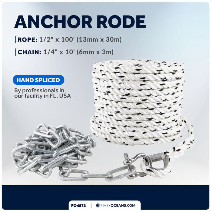 Anchor Rode, 1/2" x 100' Rope with 1/4" x 10' Galvanized Chain - FO4572 - Five Oceans