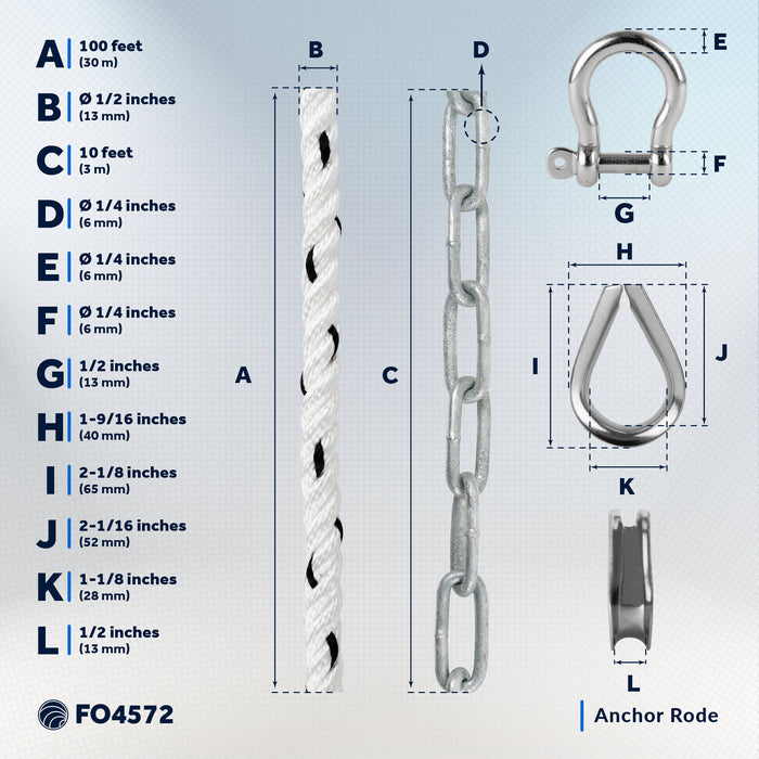 Anchor Rode, 1/2" x 100' Rope with 1/4" x 10' Galvanized Chain - FO4572 - Five Oceans