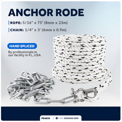 Anchor Rode, 5/16" x 75' Rope with 1/4" x 3' Galvanized Chain - FO4570 - Five Oceans