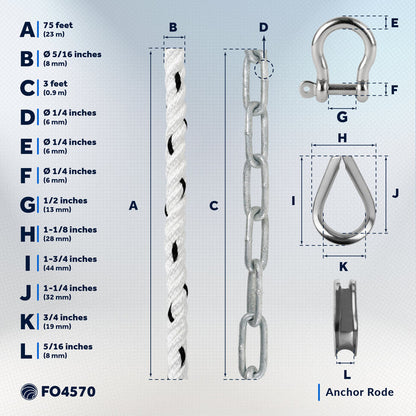 Anchor Rode, 5/16" x 75' Rope with 1/4" x 3' Galvanized Chain - FO4570 - Five Oceans