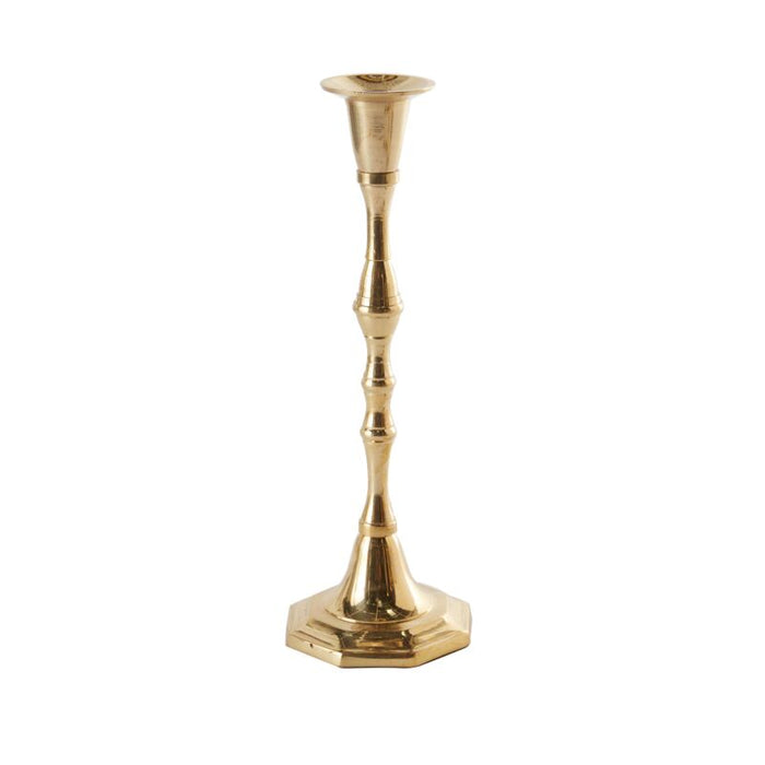 Antique gold metal taper candle holder with a slender, decorative stem and a sturdy hexagonal base.