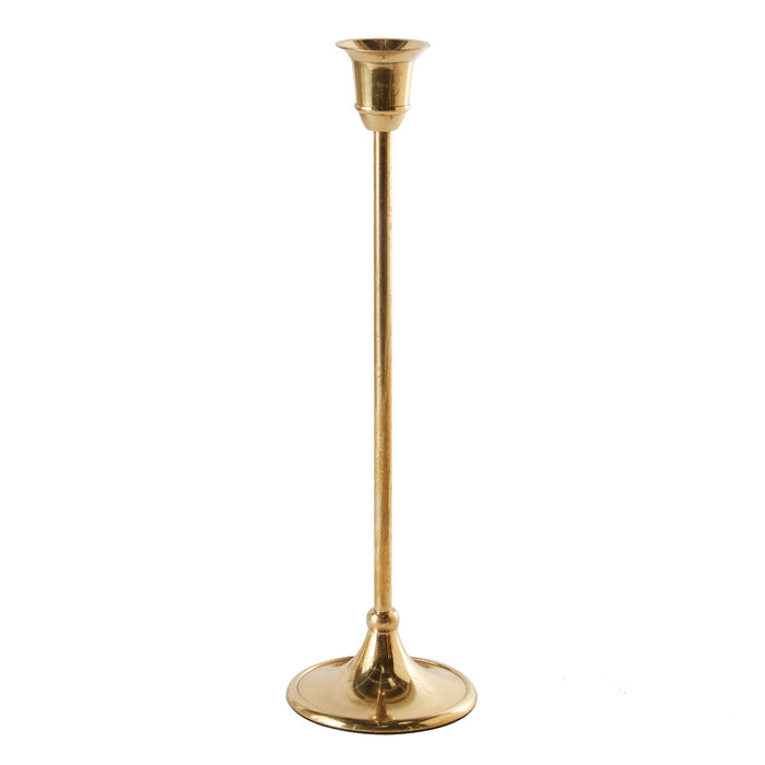 Tall antique gold metal taper candle holder with a slender stem and classic round base on a white background.