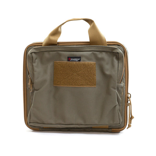 Olive drab 1000D Cordura nylon pistol case with tan webbing, zipper closure, and a Velcro patch for gear identification.