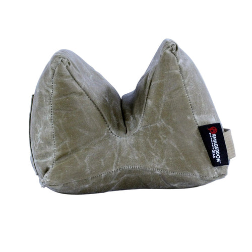 Olive drab waxed canvas Pint-Sized Game Changer shooting bag with a black Armageddon Gear logo tag and nylon handle.