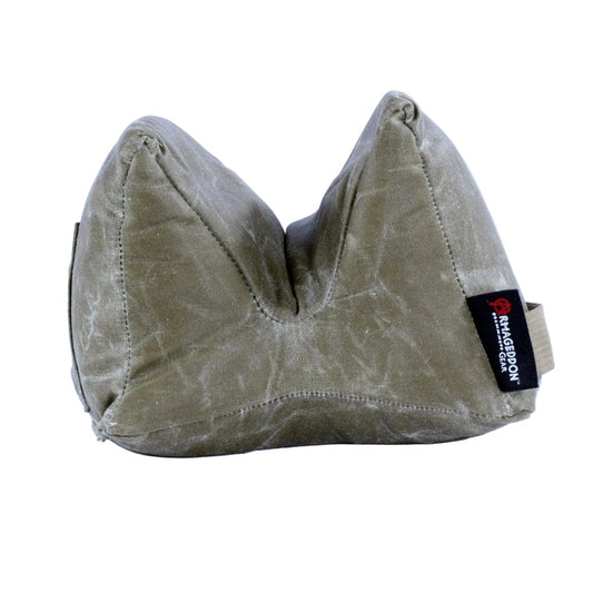 Olive drab waxed canvas Pint-Sized Game Changer shooting bag with a black Armageddon Gear logo tag and nylon handle.