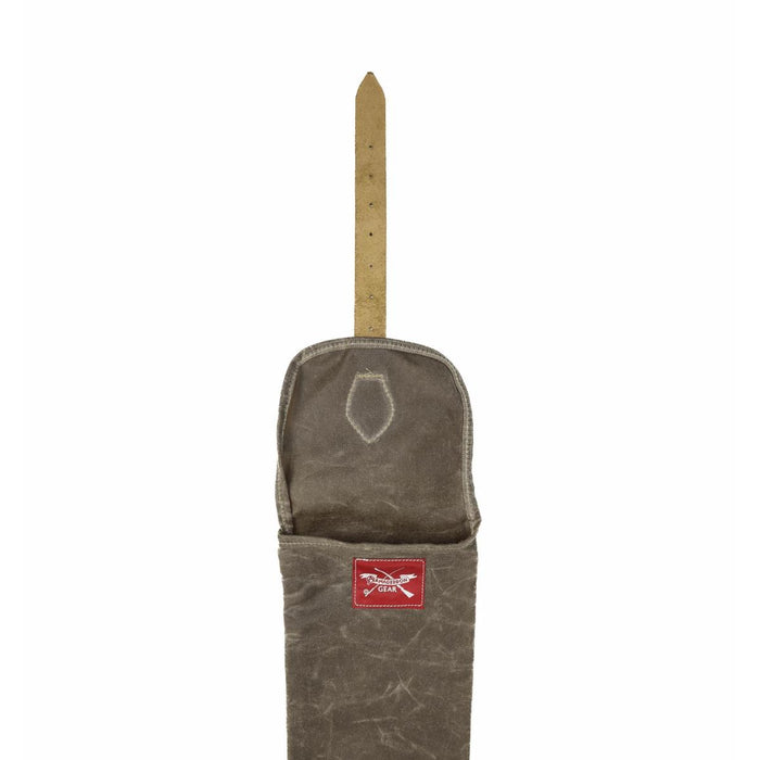 Brown waxed canvas shotgun scabbard with leather strap and Armageddon Gear red logo patch.