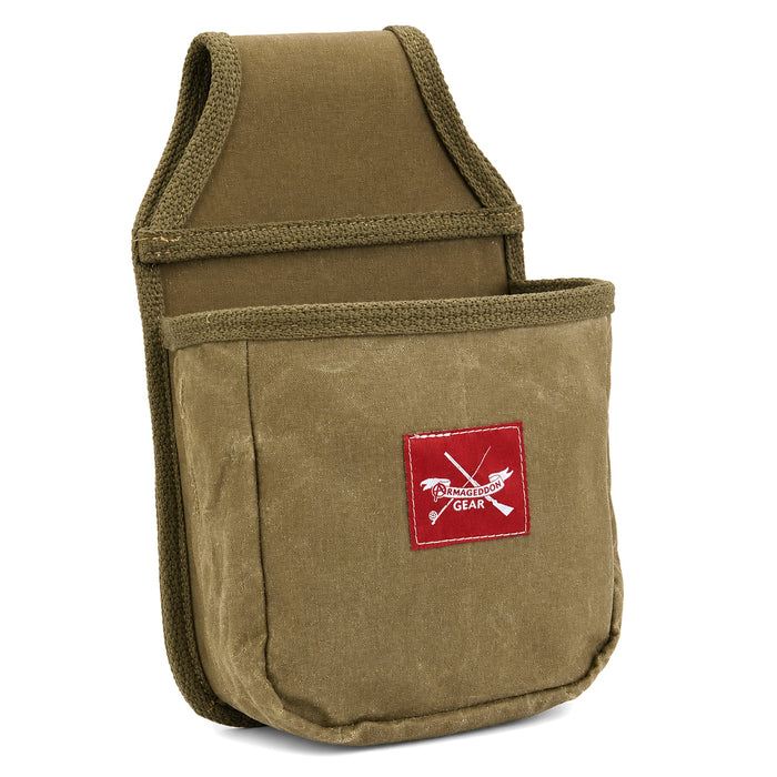 Olive drab waxed canvas shotshell belt pouch with cotton webbing trim and a red Armageddon Gear logo patch.