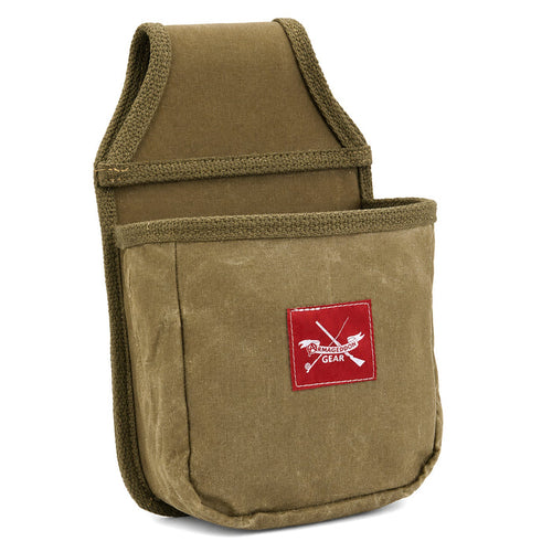Olive drab waxed canvas shotshell belt pouch with cotton webbing trim and a red Armageddon Gear logo patch.