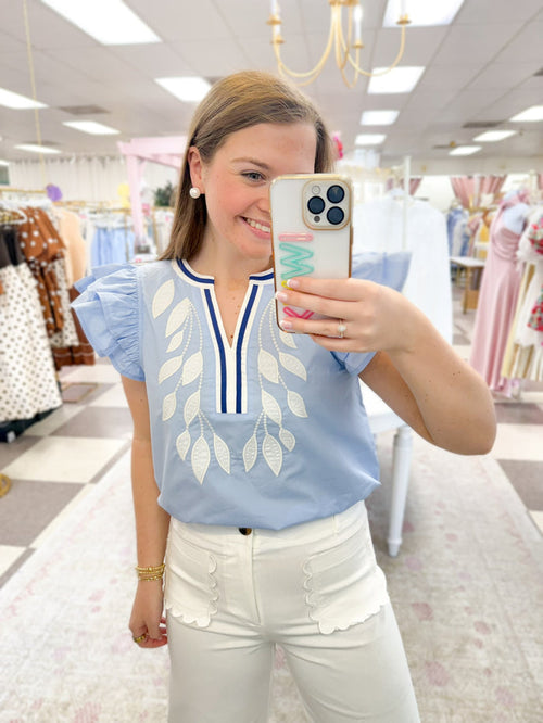Ascension Blue/LT Blue/White Embroidered Top