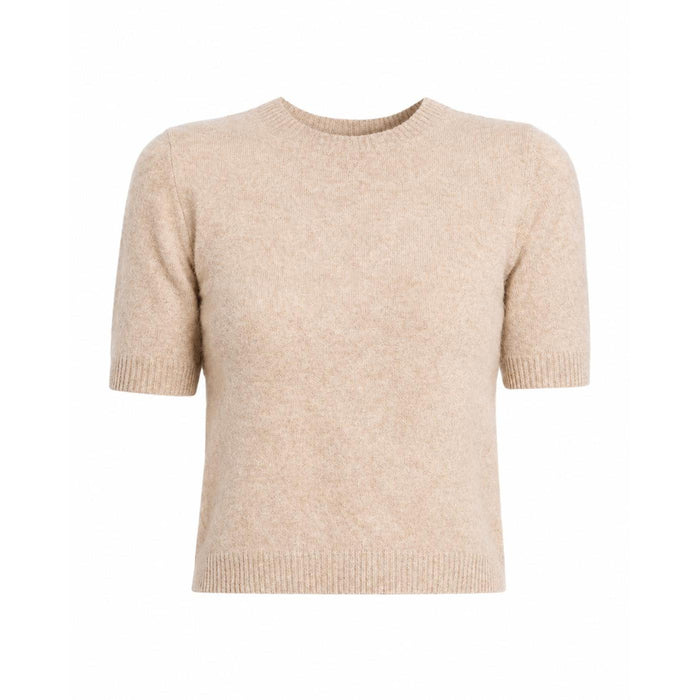 Beige 100% cashmere cropped sweater with short sleeves, a crew neckline, and ribbed trim details.
