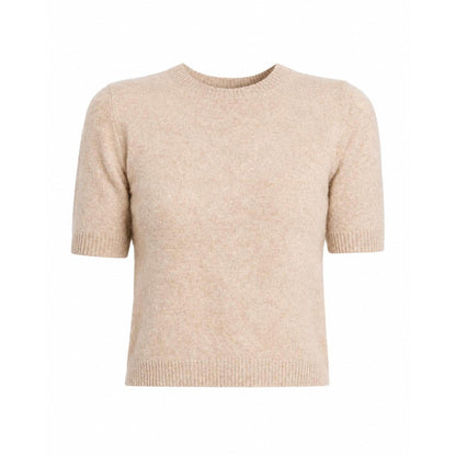 Beige 100% cashmere cropped sweater with short sleeves, a crew neckline, and ribbed trim details.