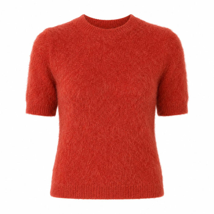 Red short-sleeve cropped crewneck sweater in soft, fuzzy 100% cashmere with ribbed trim detailing.
