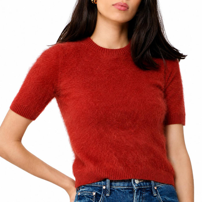 Red short-sleeve cropped cashmere sweater with a classic crew neckline and ribbed trim detail.