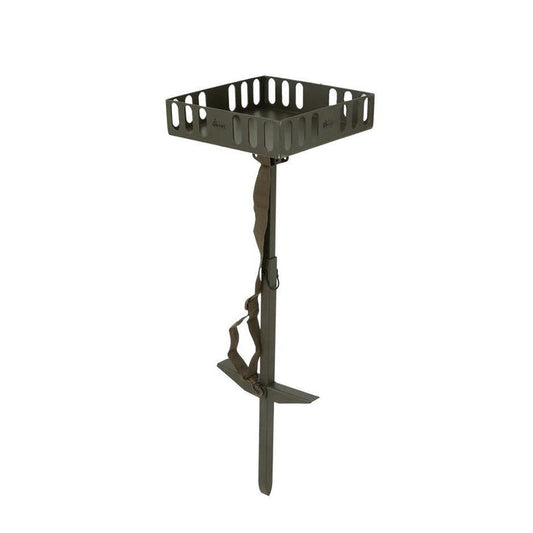 Olive green aluminum waterfowl marsh table with a 12-inch square surface, adjustable height, and carrying strap.