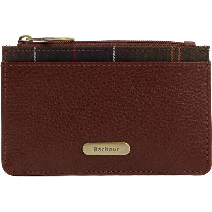 Brown leather Barbour Alder card holder with a tartan trim, gold logo plate, and a top zipper closure.