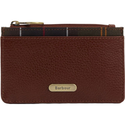 Brown leather Barbour Alder card holder with a tartan trim, gold logo plate, and a top zipper closure.