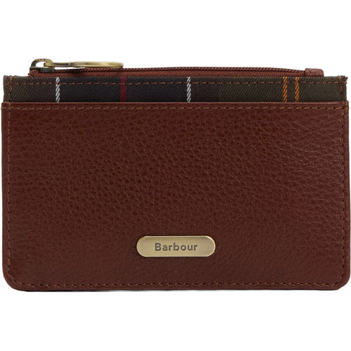 Brown leather Barbour Alder card holder with a tartan trim, gold logo plate, and a top zipper closure.