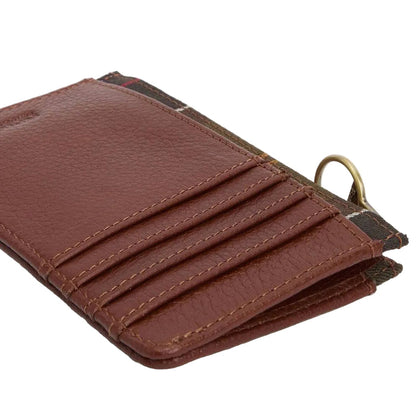 Brown leather Barbour card holder with multiple slots, tartan fabric trim, and a gold-tone metal ring detail.