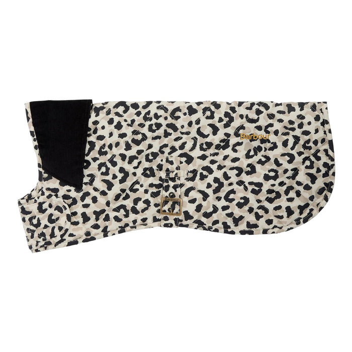 Barbour Harley quilted dog coat in jaguar print with a black cord collar, adjustable buckle strap, and logo embroidery.