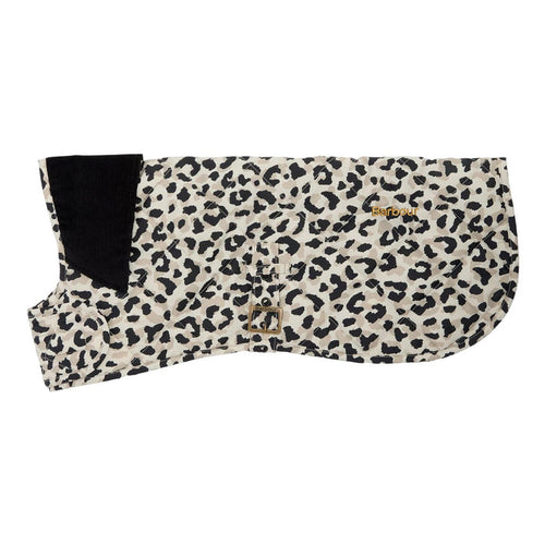 Barbour Harley quilted dog coat in jaguar print with a black cord collar, adjustable buckle strap, and logo embroidery.