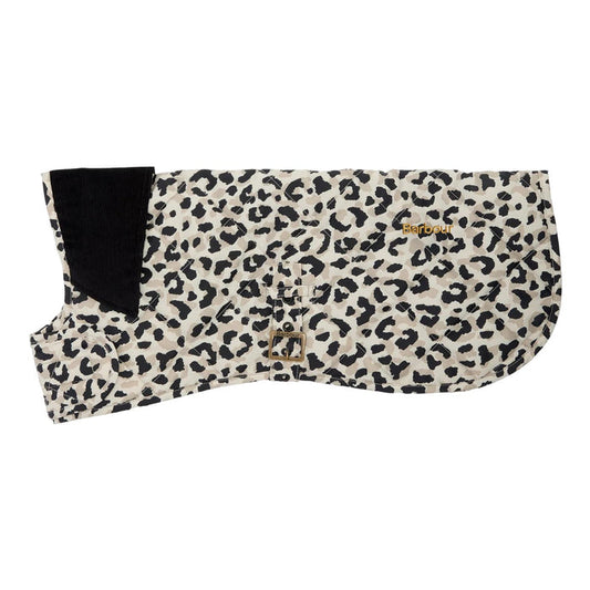 Barbour Harley quilted dog coat in jaguar print with a black cord collar, adjustable buckle strap, and logo embroidery.