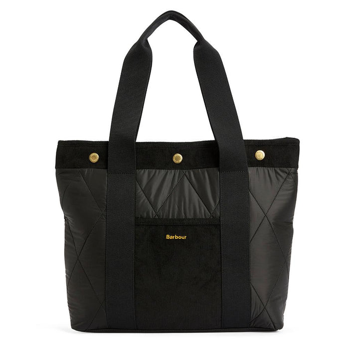 Black Barbour Healy quilted tote bag with webbed handles, cord trim, gold snap buttons, and front embroidered logo.