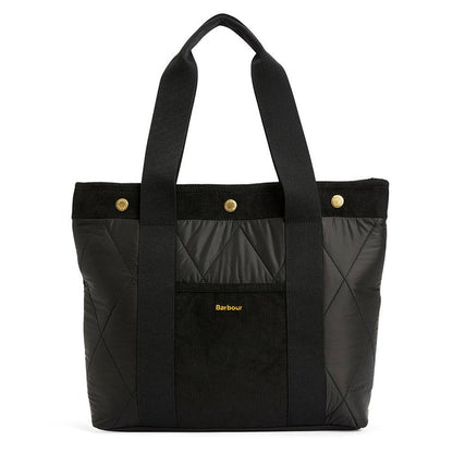 Black Barbour Healy quilted tote bag with webbed handles, cord trim, gold snap buttons, and front embroidered logo.