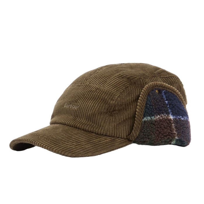 Brown corduroy Barbour trapper hat with tartan fleece-lined fold-down ear flaps and front logo embroidery.