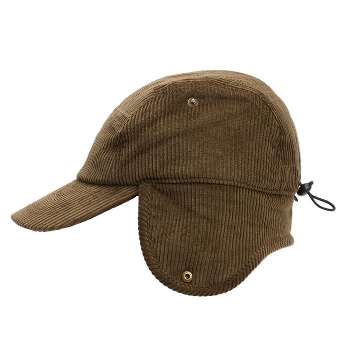 Brown corduroy Barbour trapper hat with fold-down ear flaps, brass button details, and an adjustable rear toggle cord.