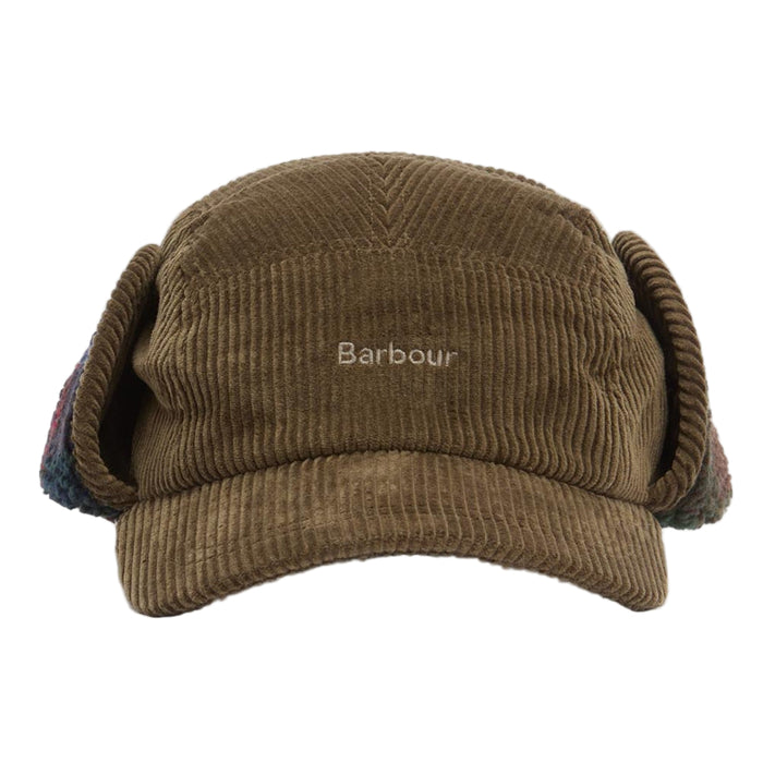 Brown corduroy Barbour Lowfen trapper hat with embroidered logo and tartan fleece-lined fold-down ear flaps.