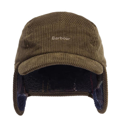Olive green corduroy Barbour Lowfen trapper hat with tartan fleece-lined ear flaps and embroidered front logo.